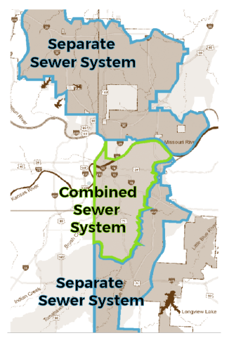 Kansas City map showing combined and separate sewer systems